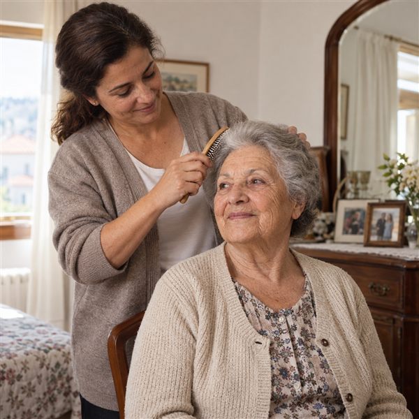 Cuidadora penteia o cabelo de uma pessoa idosa em casa